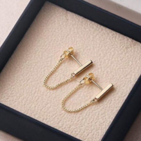 14k Gold/ Sterling Silver Cuban Chain Bar Earrings - Picture 6 of 15